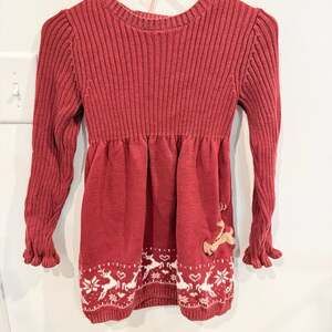 Cynthia Rowley Girls Red Ribbed Knit Reindeer Christmas Sweater Dress Size M 7/8